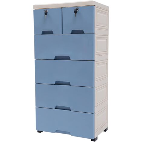 Cajonera con 6 cajones y 4 ruedas, torre de almacenamiento de plástico, organizador de cajones para salón, oficina, dormitorio, color azul (1/5)
