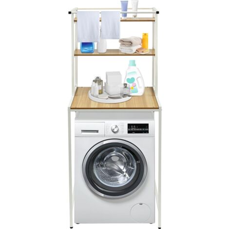 Estante de almacenamiento de baño para lavadora, ahorro de espacio de baño, estante para lavadora, estante de esquina de baño, organizador de almacenamiento, estante blanco + tablero de madera (1/5)