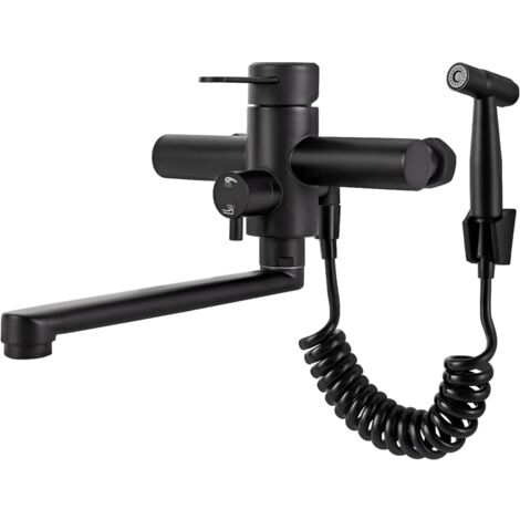 Grifo con pistola pulverizadora, Mezcladora de pared de acero inoxidable, grifo de cocina, montaje en pared, giratorio, grifo monomando giratorio 360°, color negro