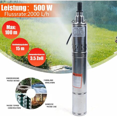 Bomba de pozo profunda de 500 W, compatible con arena, rango de pulverización de acero inoxidable hasta 100 metros, bomba de tornillo subacuática para riego agrícola, bomba de agua (1/5)