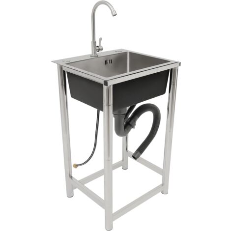 Fregadero independiente de acero inoxidable, fregadero de acero inoxidable, 1 lavabo, fregadero de cocina con grifo y dispositivo de drenaje para restaurante, lavandería, garaje, exterior