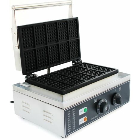 Máquina para hacer gofres belgas de acero inoxidable antiadherente (10 unidades, 8 x 5,5 cm, temporizador de 50 a 300 °C) para panaderías, restaurantes, quioscos y cantinas (1/5)