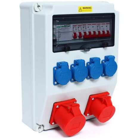 Distribuidor de corriente CEE de 230 V, 2 x 16 A, 1 x 32 A. Distribuidor de corriente para pequeñas obras con tapa de seguridad
