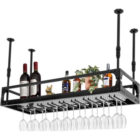 Botellero colgante de 100 cm y soporte para copas de vino, para montaje en techo, estante para vinos, soporte para botellas de vino de altura ajustable, estante decorativo, carga máxima: 50 kg