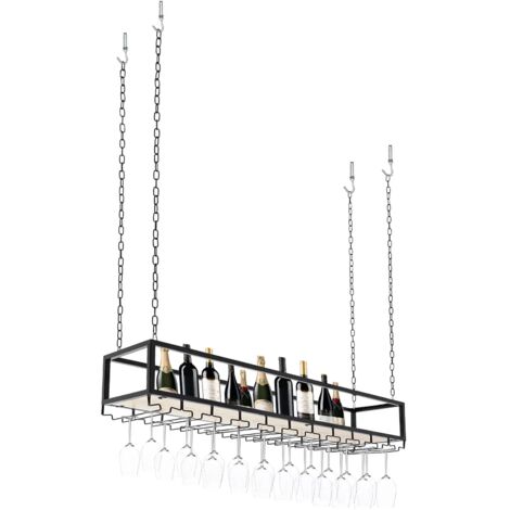 Gojoy – Estante colgante vintage para copas de vino – Montaje en techo – Capacidad 75 kg – Tamaño 110 x 25 x 22 cm – Diseño elegante negro (1/5)