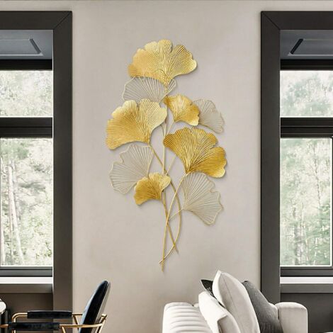 Decoración de pared de metal Ginkgo 3D, Decoración de pared, Arte mural, Fondo de sala de estar, Dorado, 110 x 55 cm (1/5)