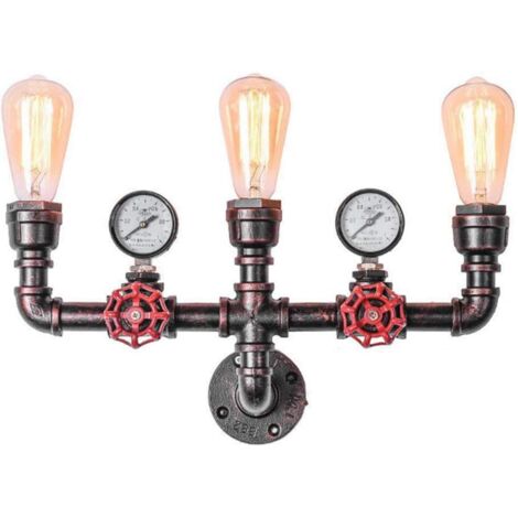 Aplique de pared con forma de tubería de agua, estilo industrial, retro, steampunk, vintage, de metal, para interior y exterior, 3 bombillas, para bar, comedor y cocina. (1/5)