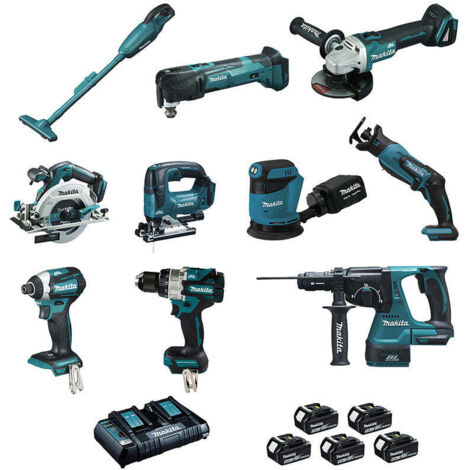 Set di 10 macchine 18V (DCL180 + DHP486 + DTD154 + DGA506 + DHS680 + DHR243 + DTM51 + DJR183 + DJV182 + DBO180) - MAKITA - con 5 batterie 18v 5Ah e Makpac- LOT0309