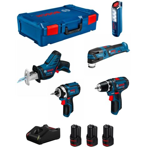 Bosch – Kit de herramientas eléctricas 12V – GSR 12V-15, GOP 12V-28, GDR 12V-105, GSA 12V-14, GLI 12V-300 – 3 baterías 2.0Ah – Cargador GAL 12V-40 (1/5)