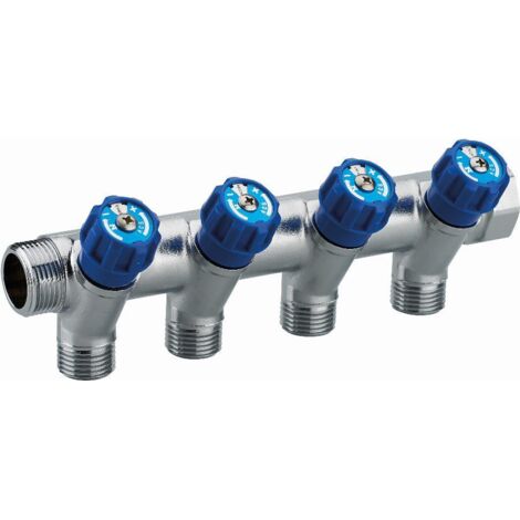 Colector con grifos integrados azul macho hembra MF3/4' (20x27), 4 salidas macho M1/2' (15x21) Disco de identificación del punto de agua Distancia entre centros 50 mm NOYON & THIEBAULT - 803520