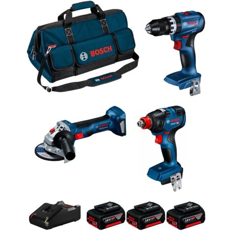 Paquete BOSCH Taladro atornillador GSB 18V-45 + Llave de impacto GDX 18V-200 + Amoladora GWS 18V-7 + 2 baterías de 5.0Ah 18V + cargador (1/5)