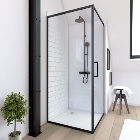 retour pour paroi pour douche - 90x200 cm - profile noir mat - verre 6mm