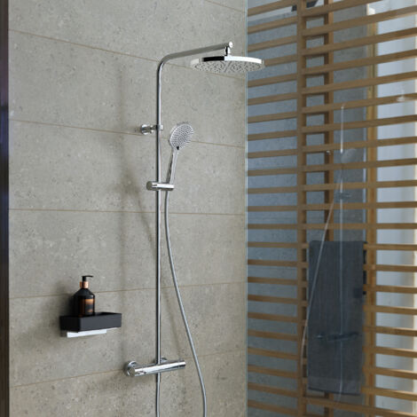 Duravit – Colonne de douche thermostatique murale en laiton chromé – Mélangeur thermostatique – Pommeau rond Ø 97mm – Douche de tête Ø 200mm – Flexible 1600mm (1/5)
