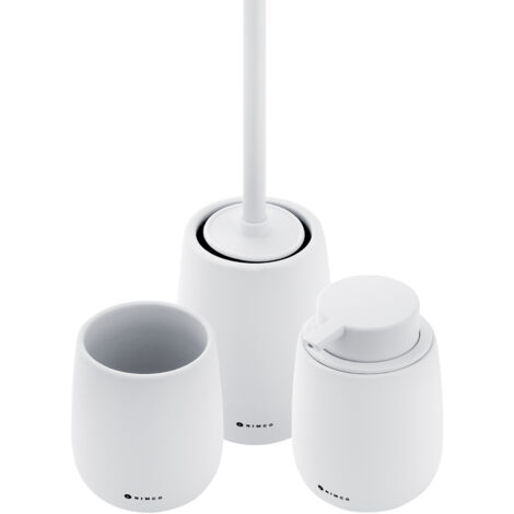 L'ensemble comprend. Distributeur de savon, gobelet pour brosse à dents, porte-brosse à dents, céramique. Nimco (1/5)