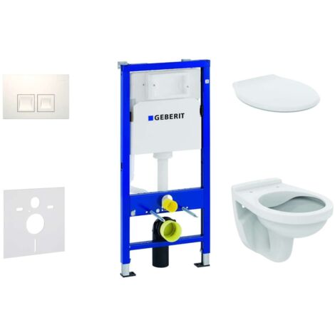 Geberit – Cuvette suspendue Alpha avec abattant duroplast – Bâti-support Duofix 12 cm – Plaque de déclenchement Delta35 blanc alpin – Chasse d'eau réglable 3/6L