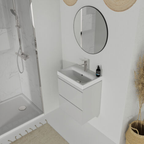 Cersanit – Meuble lave-mains suspendu 57x35 cm – 2 tiroirs gris clair – Plan vasque en porcelaine blanche – Système de fermeture silencieux - S801-228-DSM (1/6)