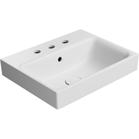 NUBES lavabo en céramique 50x40cm, bord de fond, 3 trous de robinet, tapis blanc (1/5)