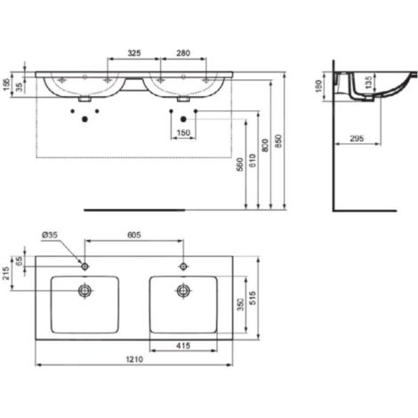Ideal Standard i.Life B - Lavabo double 121x52 cm, avec trop-plein, 2 trous pour robinet, blanc T460201