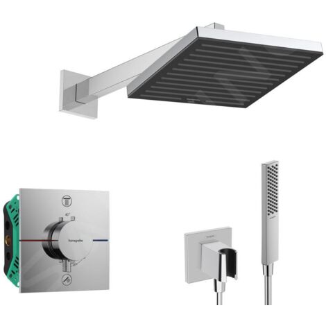 Hansgrohe - Set de douche avec thermostat encastré, corps d’encastrement, 26x26 cm, chrome SANI21HHH003 (1/5)