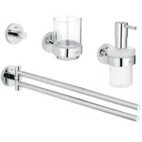 Grohe – Set de salle de bain 4 en 1 chromé – Distributeur de savon, verre, porte-serviettes double – Fixations invisibles – Métal et verre
