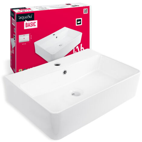 'aquaSu® Basic Waschtisch 416 Waschbecken mit Überlauf und Hahnloch 60 x 42 cm Als Hänge-Waschtisch oder Aufsatzwaschbecken Sanitärkeramik in weiß 56241 6