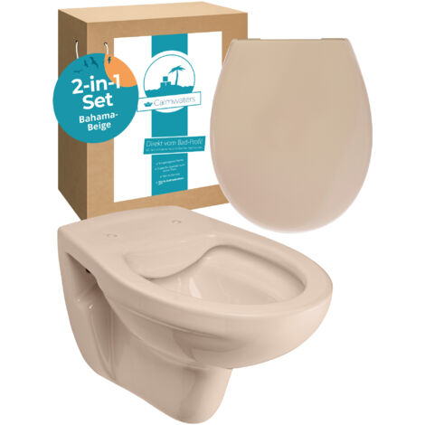 Calmwaters® Spülrandloses Hänge WC, Tiefspül WC aus Keramik, Komplettset mit WC Sitz mit Absenkautomatik in Beige-Bahamabeige, Waagerechter Abgang, WC Sitz aus antibakteriellem Duroplast, 99000190