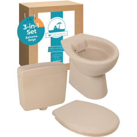 Calmwaters® Spülrandloses Stand WC mit waagerechtem Abgang, Komplettset mit Aufputz-Spülkasten und WC Sitz in Bahamabeige-Beige, Tiefspüler aus Sanitärkeramik, WC Sitz mit Absenkautomatik, 99000181