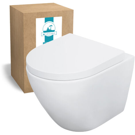 Calmwaters® Wand WC spülrandlos Weiß, mit WC-Sitz, Raumspar WC: 45 cm Ausladung, mit Absenkautomatik, Tiefspüler, Hänge WC, Wandmontage, Sanitärkeramik, 08AB6159