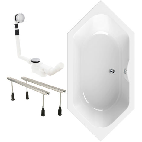 Calmwaters® Sechseck Badewanne Komplettset 190x90 cm, Made in EU, mit Wannenfüßen & Ablaufgarnitur, Acrylwanne Exclusive, Duowanne für 2, Set Badewanne komplett, 6 Eck Wanne 190 x 90, Weiß