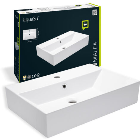 'aquaSu® Moderner Waschtisch Malea 60 cm Design-Waschbecken mit Überlauf und Hahnloch Hänge-Waschbecken modern Waschtisch wandhängend 60 x 42 cm Sanitärkeramik in weiß 56230 0