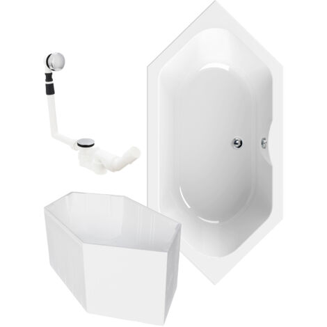 Calmwaters® Sechseck Badewanne Komplettset 190x90 cm mit Wannenträger & Ablaufgarnitur, Acrylwanne Exclusive, Duo-Badewanne für 2, Badewannen-Komplett-Set, 6-Eck-Wanne 190 x 90, Weiß