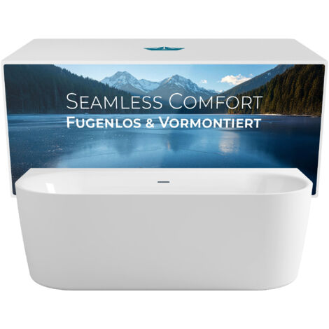 Calmwaters Vorwand-Badewanne 180x80 cm Komplettset Seamless Comfort, fugenloses Design, vormontiert mit Schürze & Ablaufgarnitur, Made in EU, Acryl, 02SL6220