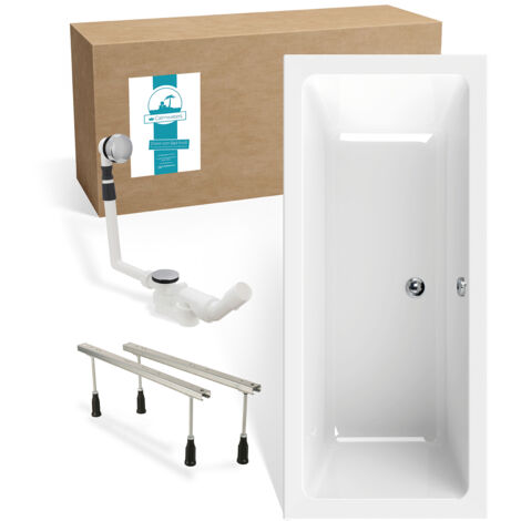 Calmwaters® Rechteck Badewannen-Set 170x75 cm mit Wannenfüßen & Ablaufgarnitur, Acrylwanne Modern Select, Körperformwanne, Set Badewanne komplett, 170 x 75 cm, Weiß, 99000293