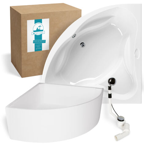 Calmwaters® Eckbadewanne Komplettset 140x140 cm mit Wannenträger & Ablaufgarnitur, Acrylwanne Original, Duowanne für 2, Sitzbadewanne, Set Badewanne komplett, Eckwanne 140 x 140, Weiß, 99000089