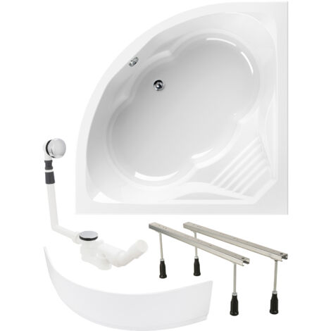 Calmwaters® Eckbadewanne Komplettset 150x150 cm Curved Wellness, Made in EU, 4in1 Acryl-Wanne mit Schürze, Wannenfüßen & Ablaufgarnitur, Duowanne mit integriertem Sitz, Eckwanne 150 x 150, Weiß