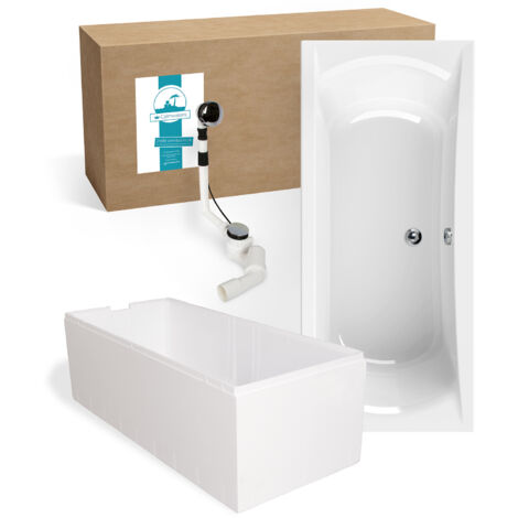 Calmwaters® Rechteck Badewanne Komplettset 180x80 cm mit Wannenträger & Ablaufgarnitur, Acrylwanne Modern Curved, Duowanne für 2, Set Badewanne komplett, Rechteckbadewanne 180 x 80, Weiß, 99000159