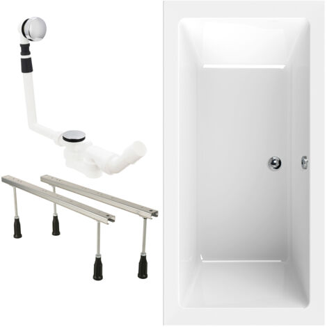 Calmwaters® Badewannen-Set 200x90 cm, Made in EU, mit Wannenfüßen & Ablaufgarnitur, Acrylwanne Modern Square 2, ergonomische Körperform, Set Duo-Badewanne komplett, 200 x 90 cm, Weiß (1/5)