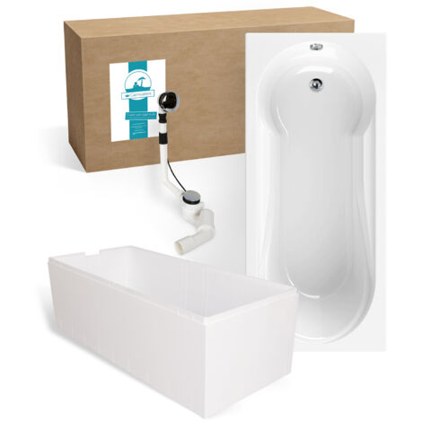Calmwaters® Badewanne mit Dusche Komplettset 180x80 cm mit Wannenträger & Ablaufgarnitur, Acrylwanne Modern Small 2, Duschzone, Set Badewanne komplett 180 x 80, Duschbadewanne für 2 Weiß, 99000167