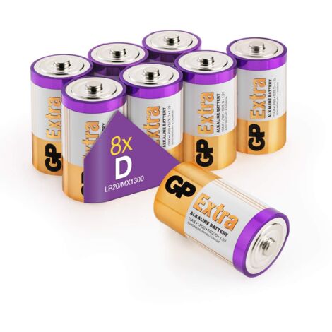 Piles D Lot de 8 - Batteries LR20 Alcalines 1,5V - GP Extra (1/4)