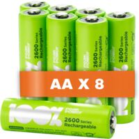 Piles rechargeables AA Lot de 8 - Batteries 1,2V - 100%Peakpower