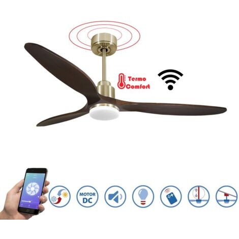 Tenerife - Super destratificateur et ventilateur DC 166 cm Laiton pales bois sombre avec Lumière 30 à 60 m² (1/5)