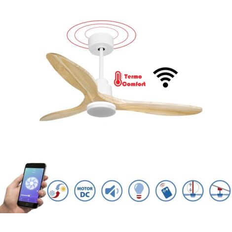 Tenerife - Super destratificateur et ventilateur DC 132 cm Blanc avec lumière pales bois clair 25 à 35 m² (1/5)
