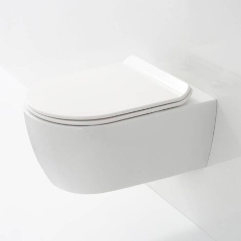 Cuvette Wc Suspendu Sans Bride Compact - 49 X 36 Cm - Abattant "slim" Thermodur Avec Freins De Chute