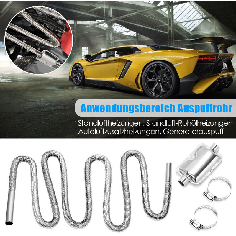 Kit Tubo Di Scarico Per Riscaldatore Auto In Acciaio Inox - 300 Cm Con Silenziatore, Diametro 25 Mm, 2 Morsetti, Per Riscaldatori Diesel Aria