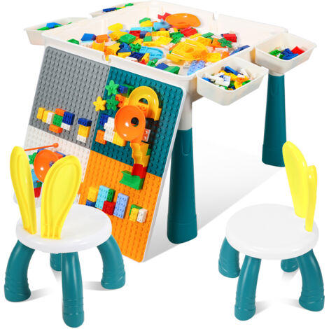 Jiubiaz Tavolo per bambini,set con 251 pezzi di mattoncini e 2 sedie, Set tavolo attività multifunzionale per bambini, Set tavolo e sedie, 51x51 cm