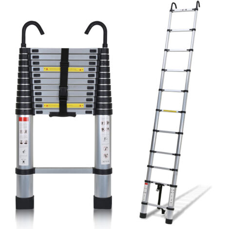 Randaco Escalera telescópica de aluminio con gancho Escalera multifunción plateada 3,2 m