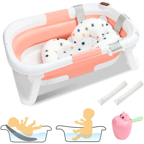 SWANEW Vaschetta da bagno pieghevole con termometro e cuscino da bagno - Vaschetta da bagno pieghevole 60,5 cm - Rosa