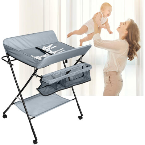 SWANEW Fasciatoio Pieghevole Portatile. Bagnetto Cambio Pannolini per Bambini Neonati. con Ruote e cesto portaoggetti Grigio scuro