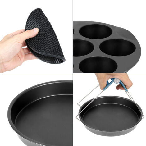 Kit Accessori Universali Per Friggitrice Ad Aria - 5 Pezzi: Supporto Metallico, Cestello Per Torte, Stampo Pizza, Tappetino Silicone E Supporto Spiedini