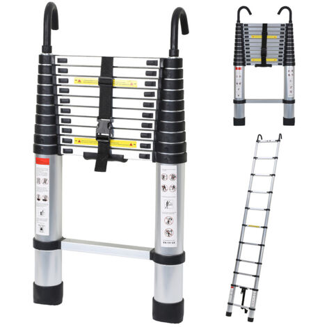 Randaco Scala telescopica con scala di estensione del gancio fino a 150 kg scala a pioli in alluminio stabile argento 3,2 m